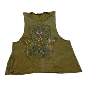 Boho Yogi Hamsa Hand Graphic Print Muscle Tank Tee in Olive Green Size M Medium